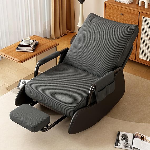 Foldable Rocking Recliner Chair for Adults, Corduroy Upholstered Reading Glide Chair, Accent Rocker Armchair with Footrest Adjustable Back for Living Room Bedroom Studio(60cm/23.6in, Grey A)