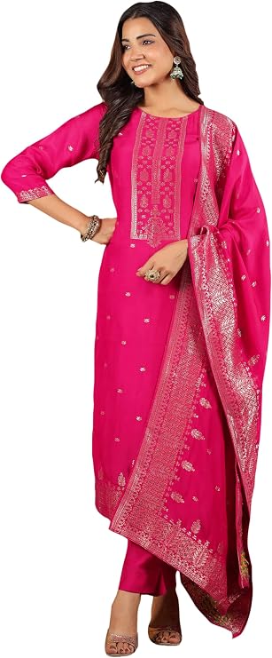 Janasya Indian Women's Silk Blend Mustard Jacquard Festive Wear Kurta Set for Women