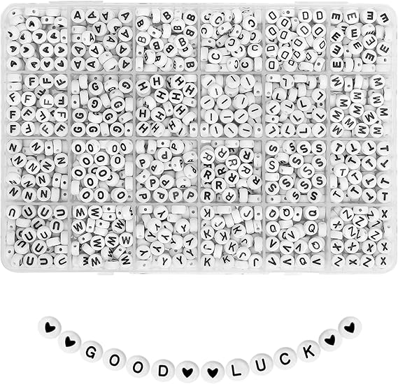 Quefe 1200Pcs Round Acrylic Letter Beads Kit, 4x7mm | Alphabet Beads a-Z, Round Acrylic Letter Beads, 4X7mm, Bracelets Necklaces DIY Jewelry Making, Friendship Bracelet Supplies