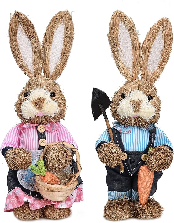 belupai 2pcs Easter Standing Bunny Statues,13.2in Hand Woven Cute Dressed Bunny Figurines Sculptures with Fake Carrot and Shovel, Desktop Straw Bunny Ornaments for Home Garden Wedding(Multicolor)