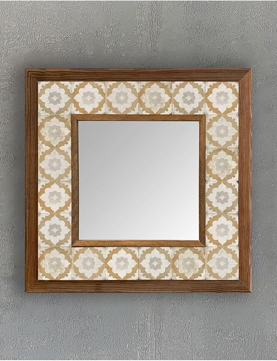 Oscar Stone Decor Masif Çerçeveli Mozaik Taş (Mermer) Ayna 33X33 Cm Seramik Desenli Sarı Ayna Ayn-107
