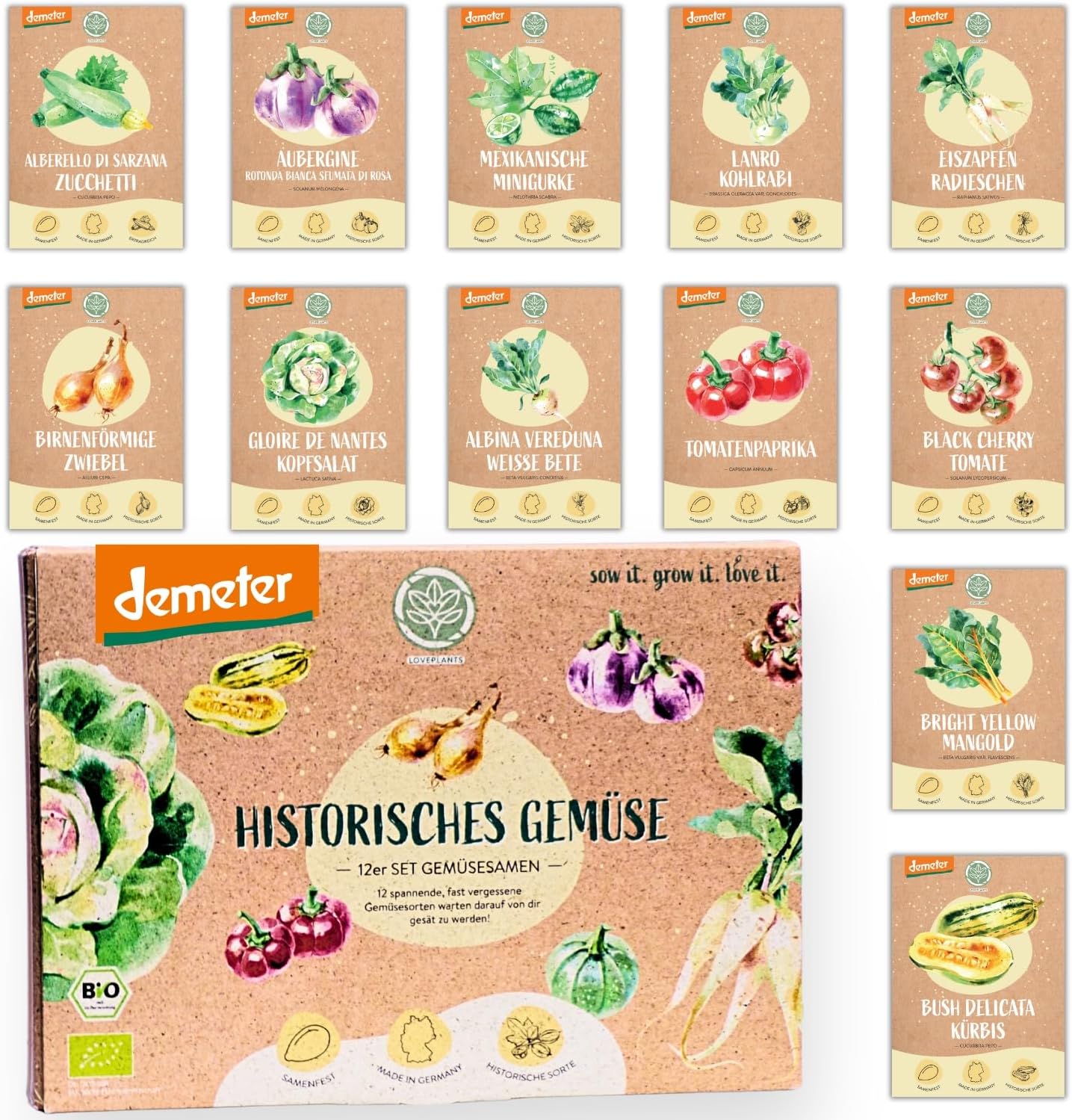 Organic Historical Vegetable Seeds Set - 12 Varieties Demeter Vegetable Seeds Rare and Old Vegetable Seeds All Seed Proof Old Vegetables for Balcony Raised Bed Garden & as a Gift Loveplants