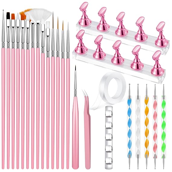 Nail Art Tools Set, 15 PCS Nail Art Brushes, Nail Stand for Press Ons, 5PCS Nail Dotting Tool and Brush Rack with Double Sided Tape Tweezers for Home Salon DIY Beginner Supplies