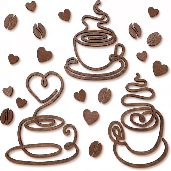 Woodamore Vintage Coffee Line Art Signs, 3 Pc Wood Farmhouse Cafe Bar Decor