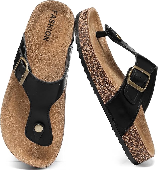 Leather Thong Cork Sandals for Men & Women, Water-Resistant Flip Flops with Cork Footbed & Memory Foam, Comfortable Summer Slides