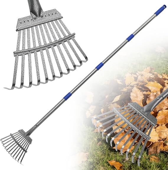 Small Garden Rake for Leaves, 6 Ft Adjustable Metal Lawn Rake