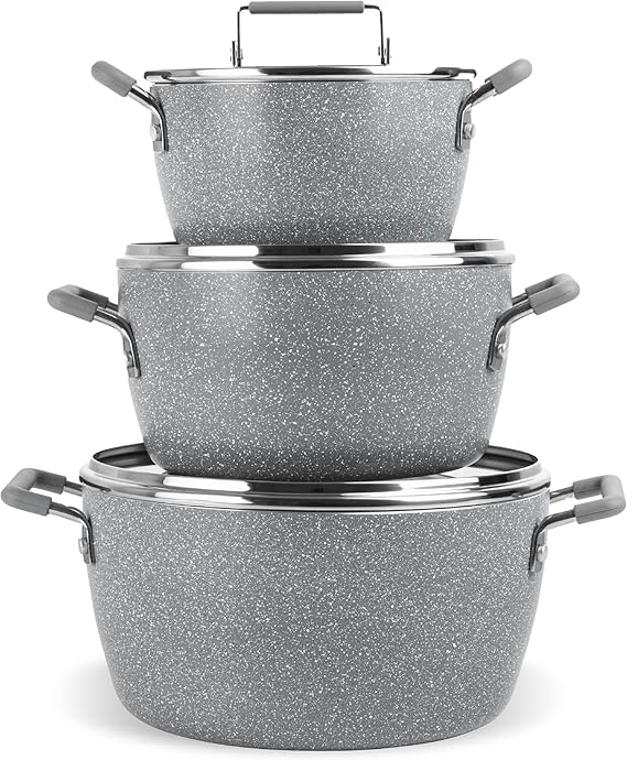 Granitestone Grey Pots and Pans Set, Non-Stick, Stackable Cooking Pans Set of 6 Kitchen Pot with Non-Stick Coating 5 Quart, 3 Quart & 1.5 Quart Covered Pans Stay Cool with Handle, Dishwasher Safe 100% Toxin Free