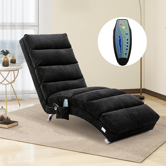 Black Linen Upholstered Chaise Lounge Chair with Electric Massage | Ergonomic Recliner Modern Long Lounger | Indoor Leisure Chair for Office, Living Room & Bedroom