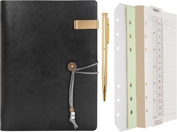WONDERPOOL Leather Journal Lined Paper Notebook & Pen - Refillable 6 Ring Binder Writing Spiral Diary with Ruled Notepads Vintage Cover for Office Travel Work and Plan Agenda (a-Black, A5)