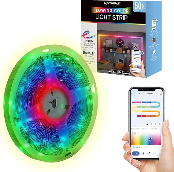 XTREME RGB+IC LED Light Strip, 50 Foot Indoor Sound Reactive Multi Color Chasing LED Light Strip, Bluetooth App Control, Sound Reactive Gaming Lights, Novelty Magic for Kids Bedroom