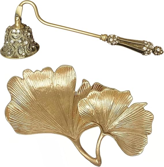 Candle Snuffer and Small Leaf Shaped Trinket Dish - A Unique Extinguisher Tool and Gold Jewelry Organizer Set for Stylish Home Decor Enthusiasts and Candles Lovers Alike