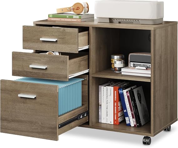 DEVAISE Wood File Cabinet, 3 Drawer Lateral Filing Cabinet, Gray Oak