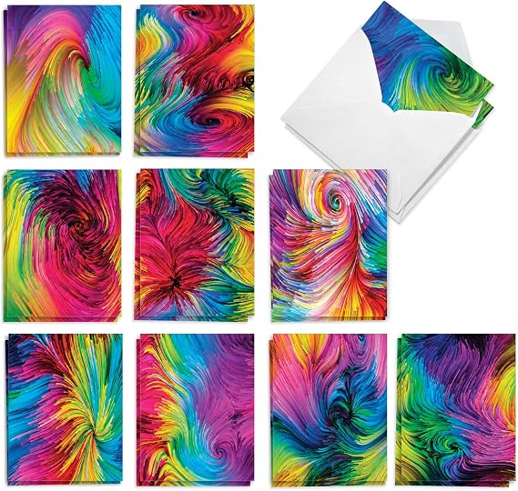 The Best Card Company - 20 Blank Note Cards Boxed 4 x 5.12 Inch - Fun Assorted Patterns 10 Designs, 2 Each - Color Waves AM3177OCB-B2x10