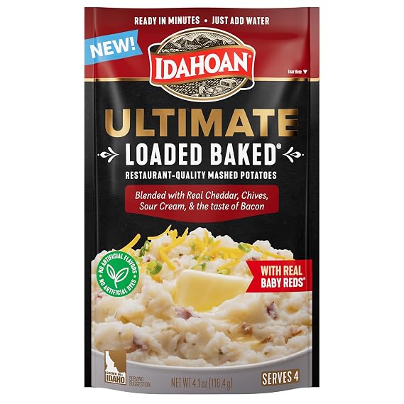 Idahoan Ultimate Loaded Baked Mashed Potatoes, Restaurant-Quality, Premium Ingredients, Elevated Texture, Gluten-Free, 100% Real Idaho Potatoes, 4 Servings Per Bag, 4.1 Ounces