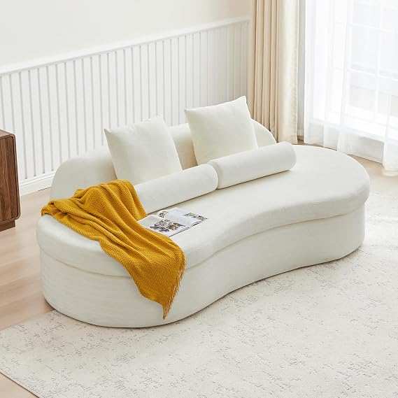 Minimalist 78" Curved Loveseat, Soft Chenille Foam 2-Seater Sofa with 2 Bolster & Throw Pillow, Deep Seat Elegant White Sofa Couch for Apartment Living Room, Bedroom, Office (Loverseat, White)