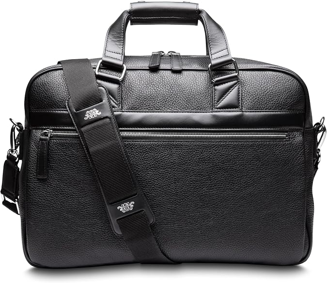 Bosca Leather Messenger Bag for Men Italian Pebble & Smooth Grained Leather - Fits 16" Laptop - RFID Blocking - Trolley Strap - Lightweight - Black