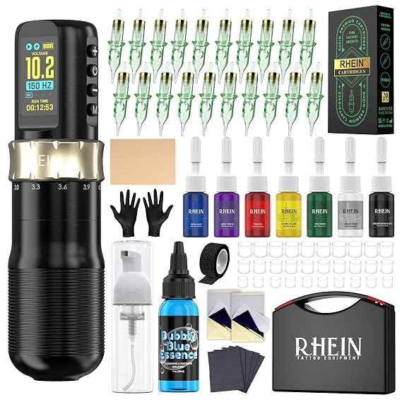 New Tattoo Gun Kit Rechargeable - Wireless Tattoo Machine with 1800mAh Battery,20 Needles, 7 Ink Colors, 30 Ink Cups Full Tattoo Supplies for Beginners & Artists
