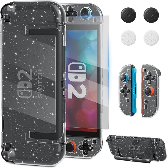 RHOTALL Bling Protective Case Cover Shell for Nintendo Switch 2 2025 Clear Sparkle Full Dockable Slim Hard Protective Cute Shining Skin Case for Switch 2 Shockproof Screen Protector, 4 Thumb Grips