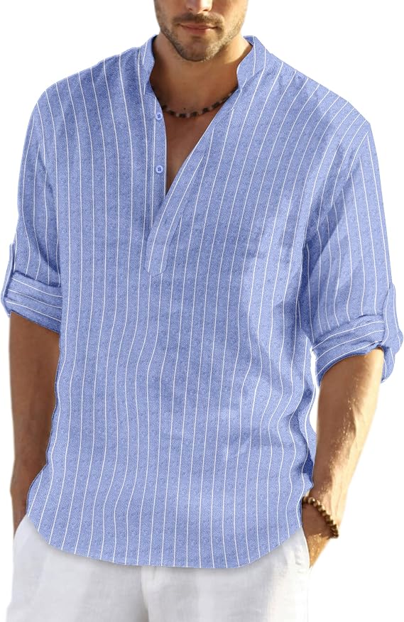 COOFANDY Mens Shirt Long Sleeve Henley Shirt Linen Shirts Cotton Casual Regular Fit Summer Shirts