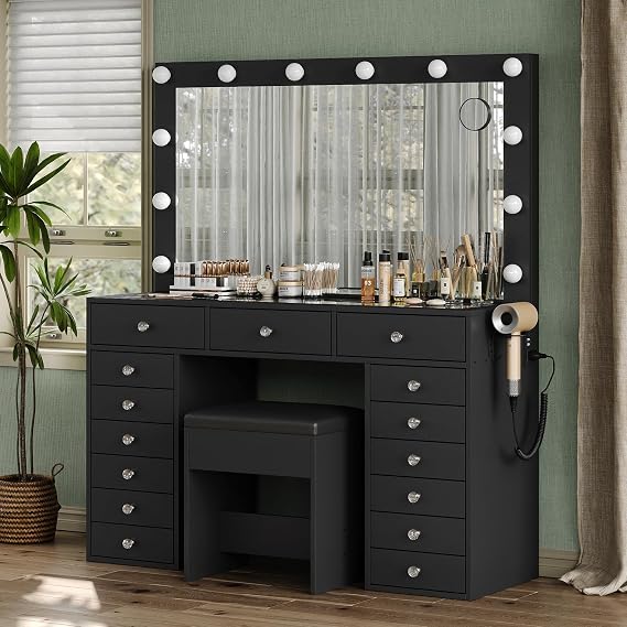 FUSOU 15 Drawers Vanity Desk with Mirror and Lights, Black