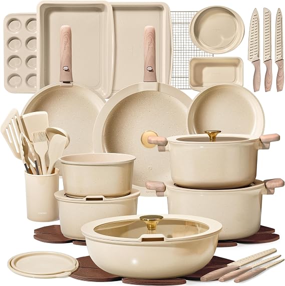 CAROTE 49pcs Pots and Pans Set, Ceramic Cookware Set with Detachable Handle | Baking Pans Set, Knife Set, Non Stick, Induction Compatible, Dishwasher& Oven Safe, Space Saving, for Kitchen/RV/Camping