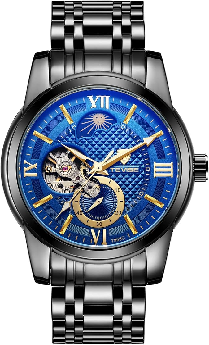 TEVISE Automatic Mechanical Watch Brand Luxury Stainless Steel Mens Business Wrist Watches Moon Phase Luminous Pointer