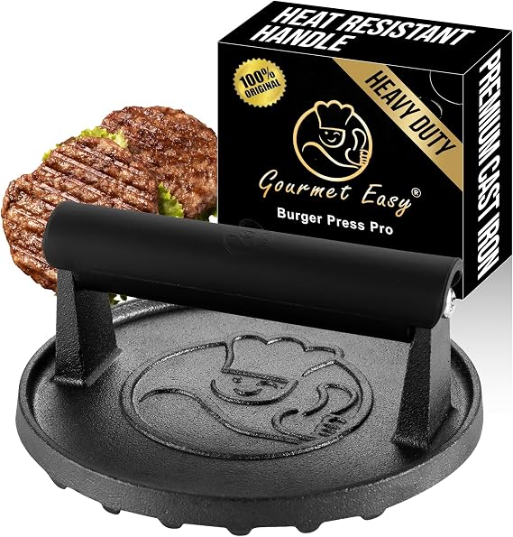 Gourmet Easy Cast Iron Smash Burger Press with Heat Resistant Handle | Heat-Resistant Handle for a Secure Grip, 2lbs Weight, Ideal for Smash Burgers and Grills, Dishwasher Safe,