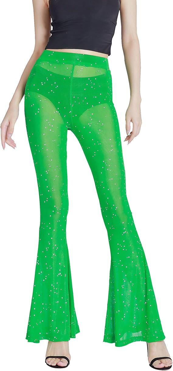 Women's Rave Mesh Sheer Sparkly Pants Sequin Flared Bell Bottom Pants Sexy Rave Outfits for Festival Dance Clubwear