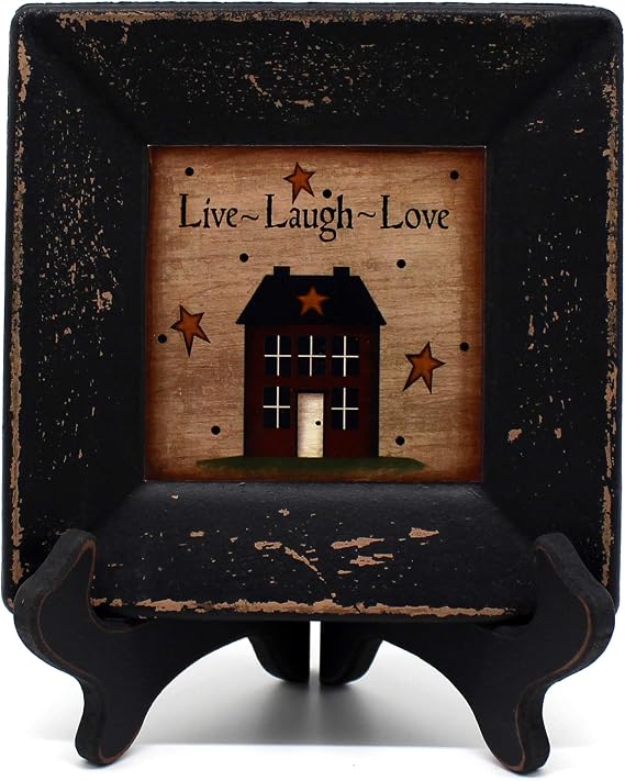 Primitives Country House Decorative Plate with Rack Square Display Wooden Plate Home and Office Decor Art, 6 X 6 Inch