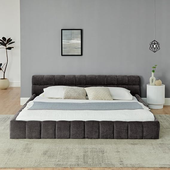 King Size Grounded Platform Bed Frame, Floor Upholstered Bed with Thick Fabric, Headboard and Wood Slats Support, Chenille Fabric, Dark Gray