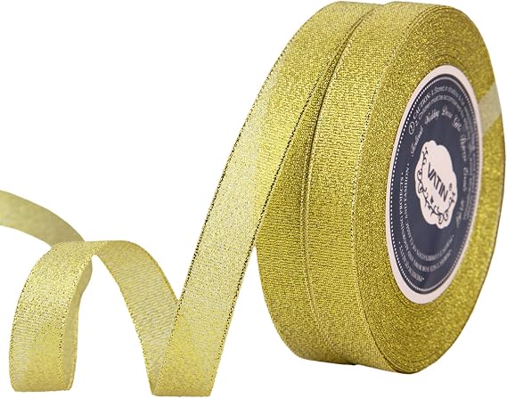 VATIN Glitter Metallic Gold Ribbon 5/8 inches Wide Sparkly Fabric Gorgeous Ribbon for Gift Crafters Wedding Party Brithday Wrap Hair Bows Floral Projects 25 Yards/Roll x 2 Rolls