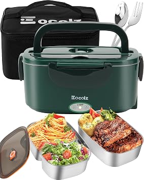 Eocolz Electric Lunch Box Food Heater 100W, Food Warmer with Dual Container 1.5L Portable Heated Lunch Box for Car Truck Work Stainless Steel Fork & Spoon 12/24/110V for Adults Green