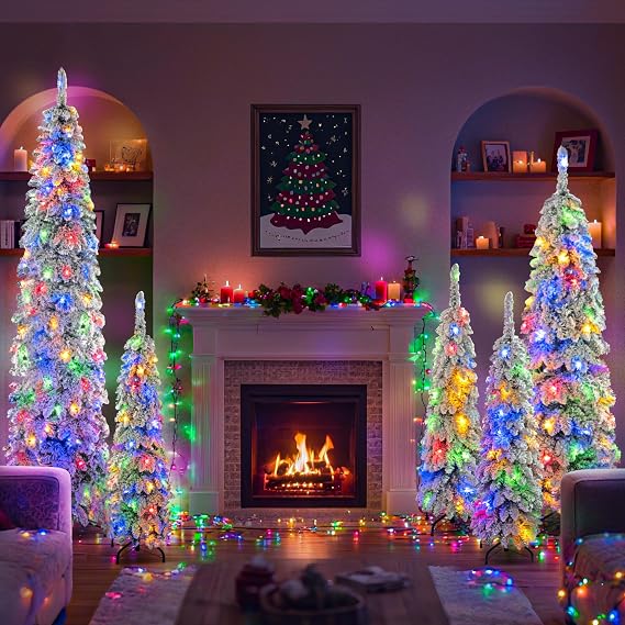 Pre-Lit Artificial Christmas Trees Set, 8ft, 6ft, 4ft with LED Lights, 1820 Branch Tips, 11 Lighting Modes, Flocked Design (Set of 5 Christmas Trees)