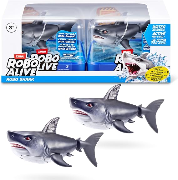 Robo Alive ZURU Water Activated Shark 2 Pack (Grey) - Realistic Floating Robot Bath Toy for Kids Twens & Teens Water Activated Shark for Games & Pranks Ages 3+