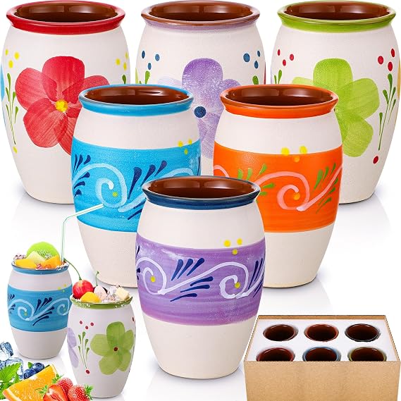 Gejoy 6 Pack 12oz Cantaritos de Barro Mexicanos Mexican Clay Cup Pottery Fiesta De Barro Mexicanos Cocktail Cups Coffee Mugs Cocktail Tea Glasses for Margaritas Mojitos (Bright,White)