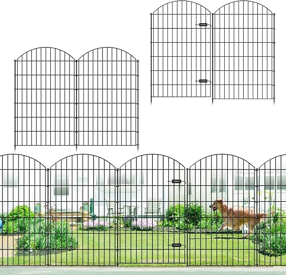 FOREHOGAR Metal Garden Fence 48in (H) x 12.7ft (L), 5 Panels + 6 Stakes Bundle Metal Garden Fence with Gate 48in (H) x 12.7ft (L), 1 Gate+ 4 Panels