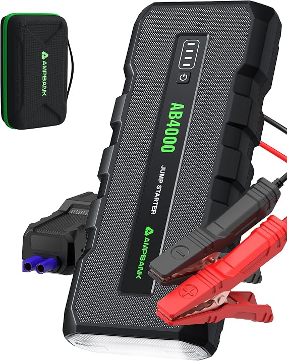 4000A Jump Starter,12V Battery Jumper Starter Portable with 18W Quick Charger, Car Jump Starter Battery Pack(10L Gas 8L Diesel Engine) with Booster,LED Light,Jumper Cables & EVA Case