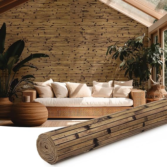 Juexica 1 Pcs Natural Bamboo Wall Panel for Interior Wall 48''x96'' Bamboo Covering Renewable Pole Wainscoting Room Divider Wrap Decor for Bedroom Living Room Kitchen Island Office (Dark Burned)