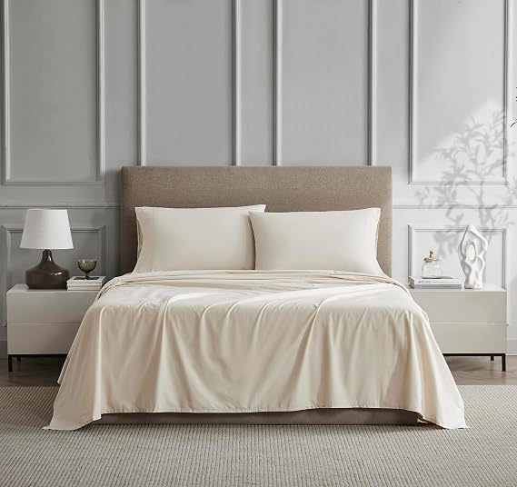 Linen Closet 100% Cotton King Size Sheets Set, 4 Pieces - Beige - Cooling & Crisp Percale - Breathable Sheets & Pillowcases Set For King Bed - Deep Pocket Fitted Sheet - Juego De Sabanas | Cool & Crisp, Highly Breathable and Lightweight Percale Sheet Set, 15" Deep Pocket Fitted Sheet for a Secure Mattress Fit