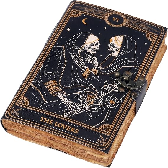 cuero Book of Spells Leather Journal Deckle Edge Paper Grimoire Printed Journal The Lovers Tarot Notebook Spiral Gothic Notebook Skull lover Antique Vintage Leather Journals for Men and Women