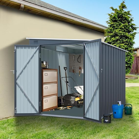 6x8FT Galvanized Steel Storage Shed with Lockable Double Doors, UV-Resistant Outdoor Metal Shed & Lean-to Design Garden Shed with PC Light Board for Tools, Bikes and Patio Essentials