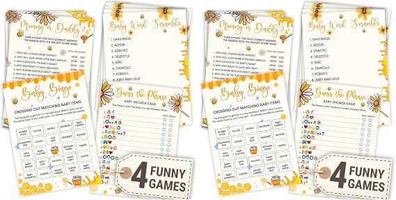 WOODAMORE Bumble Bee Baby Shower Games for Girl Boy - 4 Funny Party Games for Bee Baby Shower Decorations, Word Scramble Bingo Mommy Or Daddy Game Cards for 25 Guests (Pack of 2)
