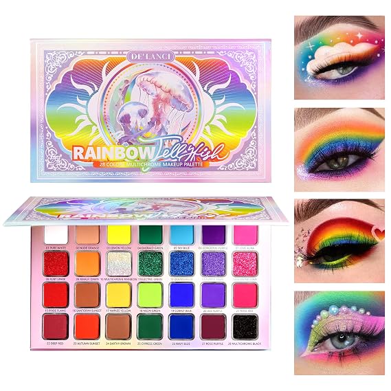 DE'LANCI Colorful Eyeshadow Palette, 28 Colors Neon Rainbow Multichrome Bright Eyeshadow Palette, High Pigment Vibrant Face Paint Iridescent Pride Makeup Long Lasting Daily Festival SFX Goth Look