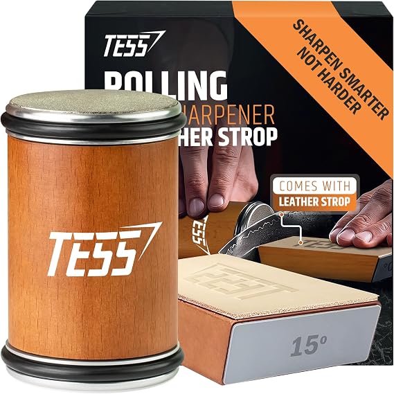 TESS Rolling Knife Sharpener Kit Diamond & Ceramic Discs, 15 & 20 Magnetic Angle Holder & Built-In Leather Strop Kitchen & Chef Knife Sharpening Tool in Beech Wood, Razor-Sharp Edge in Minutes