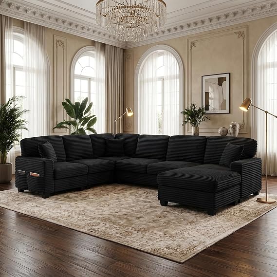 Oversized Corduroy Sectional Sofa Couch with Movable Ottoman , 6 Seater Convertible U / L Shaped Corner Sofa Lounge Couches with Extra Wide Deep Seat and Side Pockets for Living Room Apartment Office