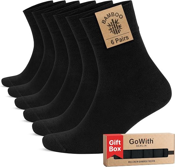 GoWith 6-Piece Bamboo Premium Black - Breathable Classic Men's - Women's Socks 3560 with Colorful Seamless Box
