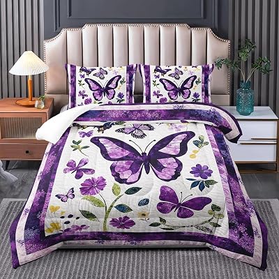 Dreamy Purple Butterfly Comforter Set Queen,Rainbow Bedding Cute Queen Comforter Set for Teen Girls,Kawaii Butterfly Bedding Quilt Sets for Bedroom Decor