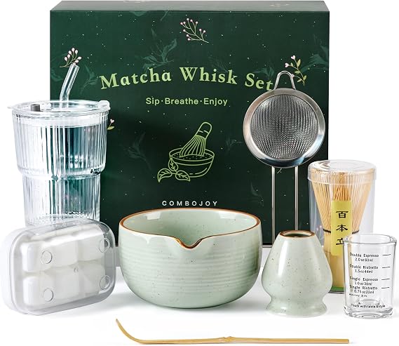 ComboJoy Matcha Whisk Set, Complete Matcha Kit with Bowl, Bamboo Whisk & Holder, Scoop, Sifter, Glass Cup with Lid & Straw, Ice Cube Tray Matcha Gift Set for Matcha Lovers