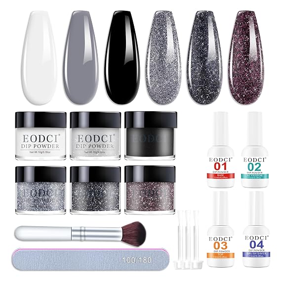 Eodci Dip Powder Nail Kit Starter, 6 Colors Glitter Dark Black White Dipping Powder Kit With Base & Top Coat/Activator/Brush Saver, Nail Art Manicure Salon DIY for Daily at Home Party Gifts for Women
