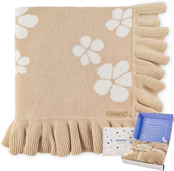 Cotton Knit Baby Girl Blanket with Ruffle Edge, Beige Gift